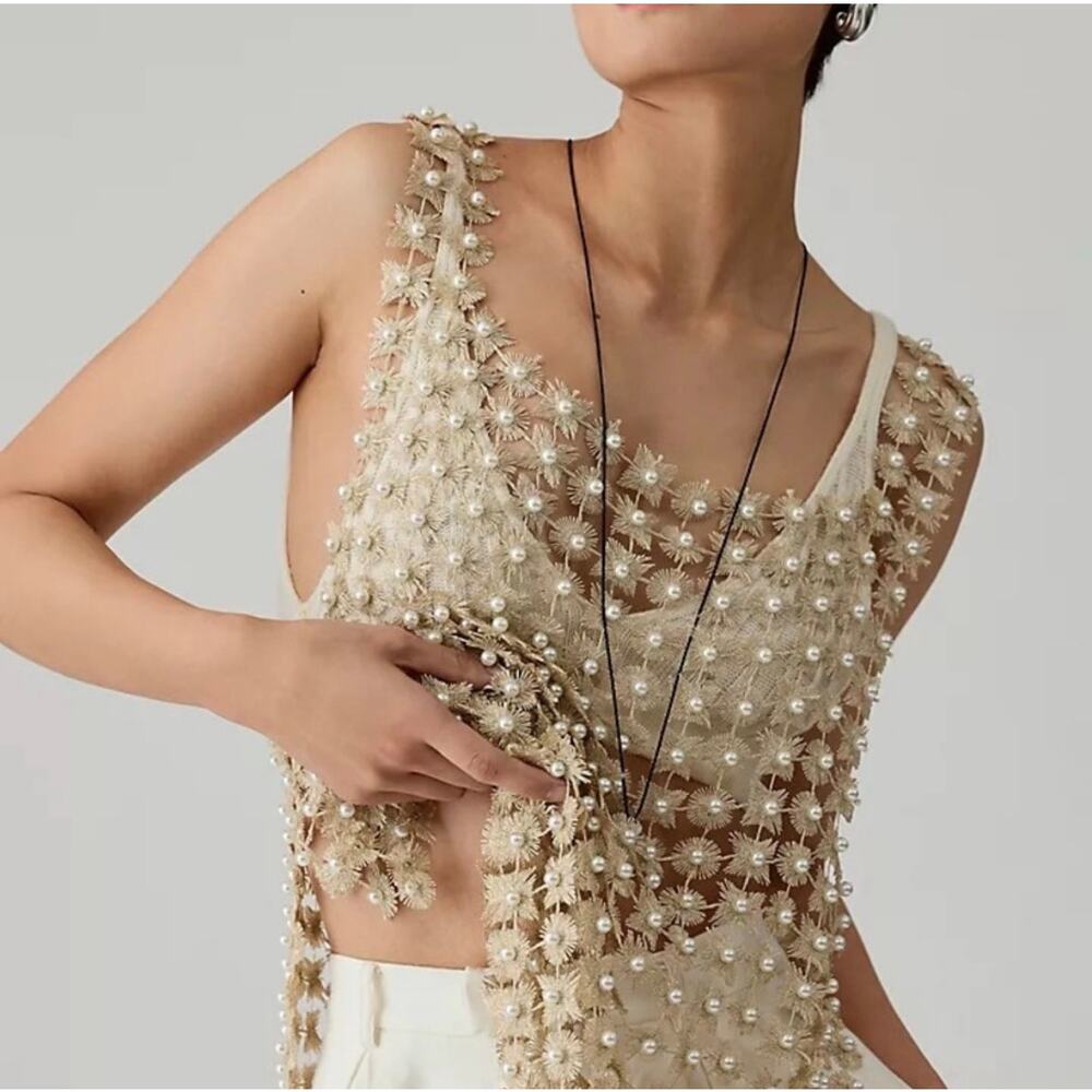 She + Sky Beige Pearl Embellished Top